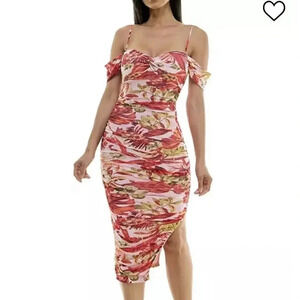 New BCX Women L Midi Dress Floral Red Pink Mesh Ruched Asymmetric Evening Party